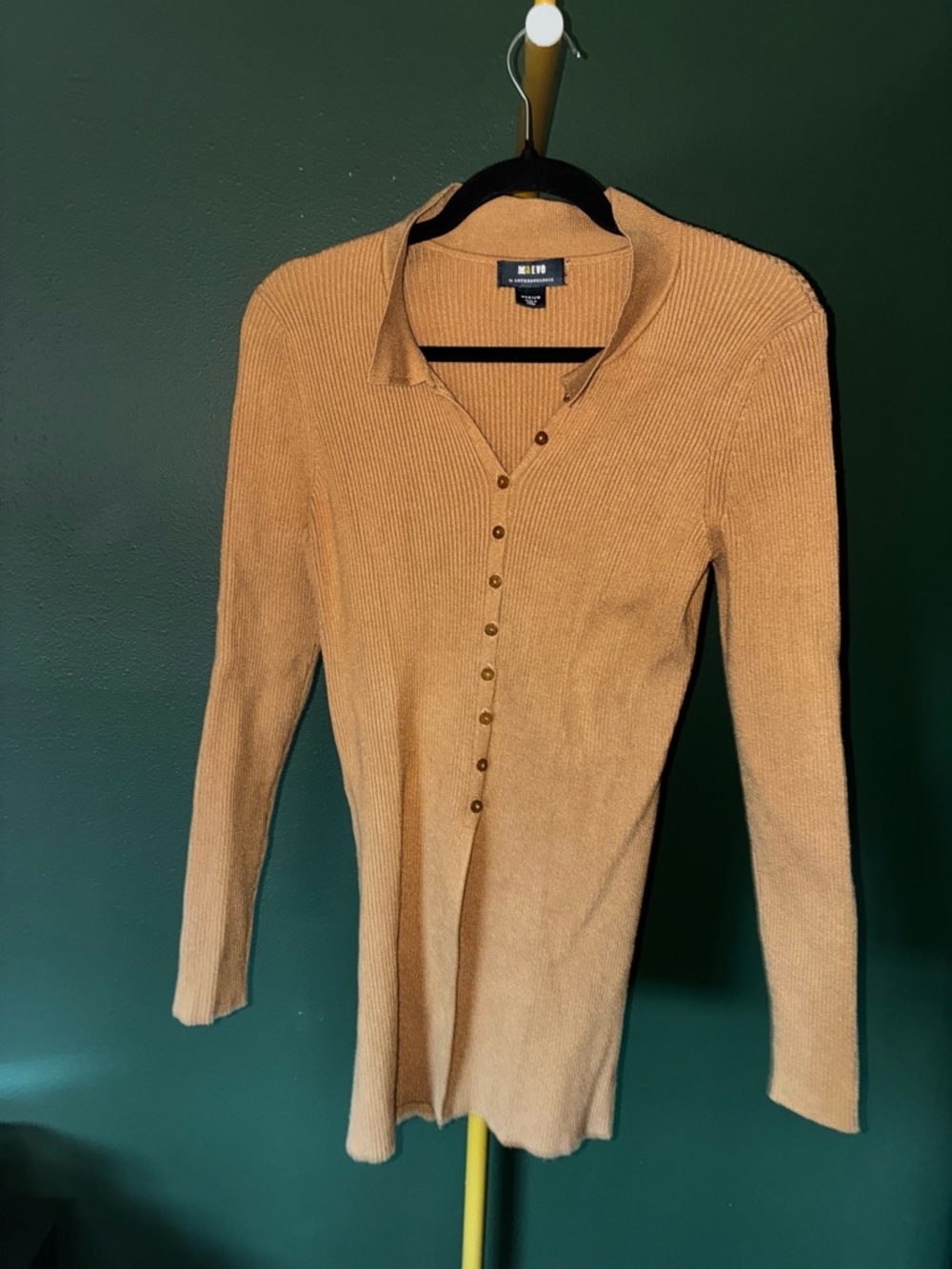 Maeve Ribbed Button-Front Long-Sleeve Cardigan in Camel